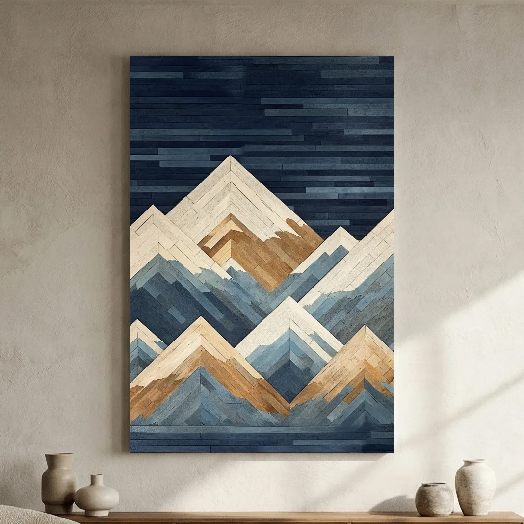 Geometric Layered Mountain Peaks - Wood Texture Landscape Wall Art