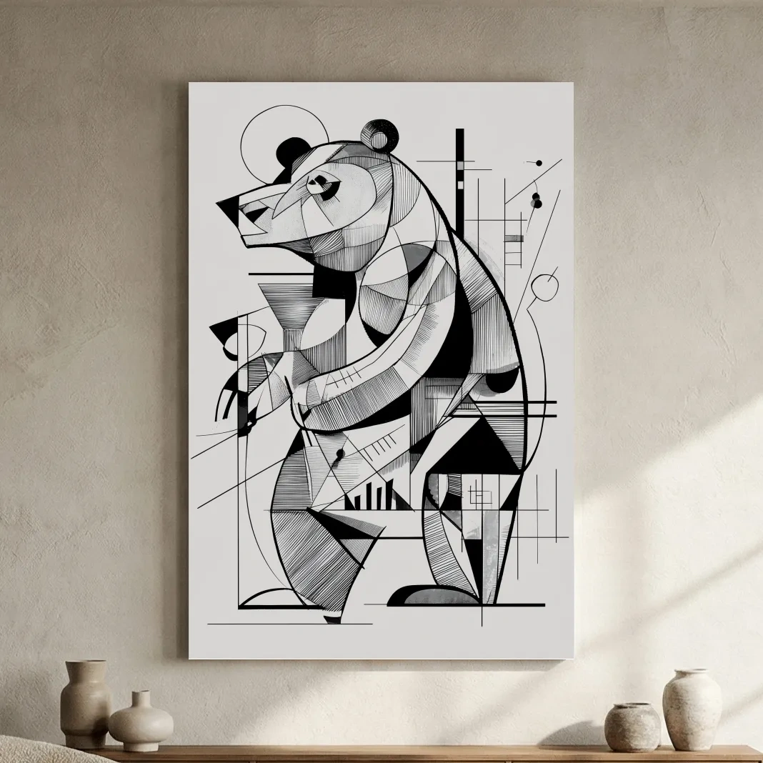 Cubism Abstract Bear Artwork - Modern Black And White Wildlife Wall Art
