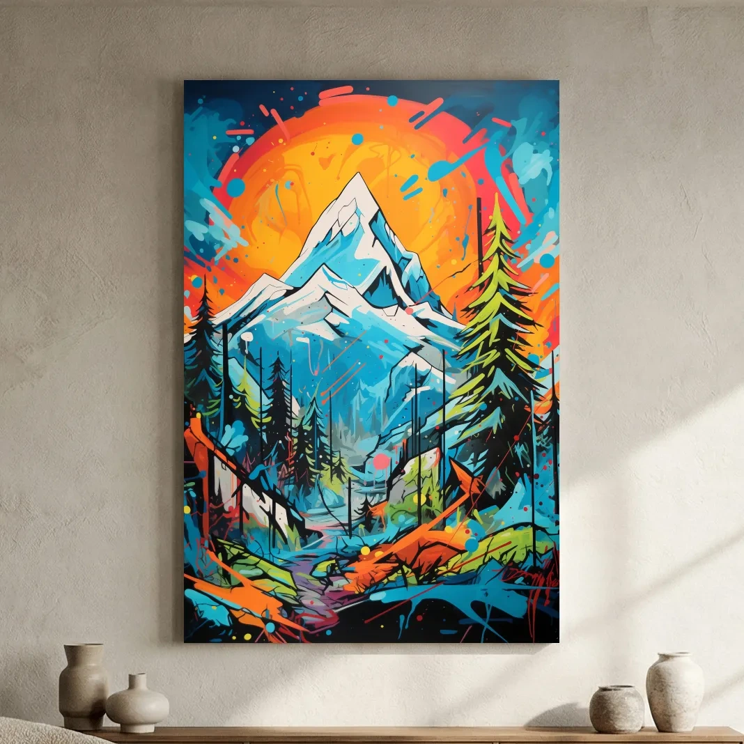 Vibrant Abstract Mountain Sunset Graffitti Painting - Colorful Pop Art Alpine Wall Art