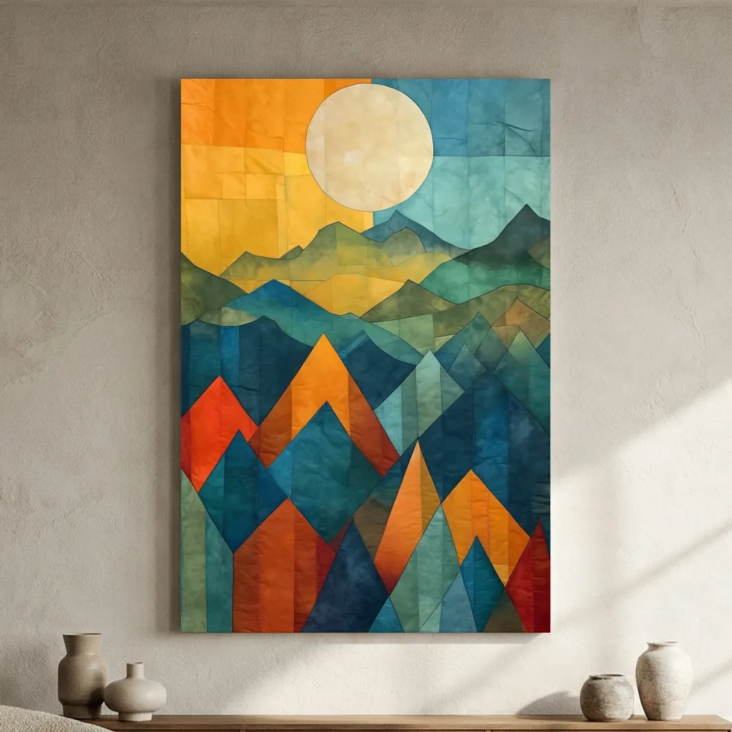 Geometric Patchwork Sunlit Mountain Range Painting - Colorful Abstract Alpine Wall Art