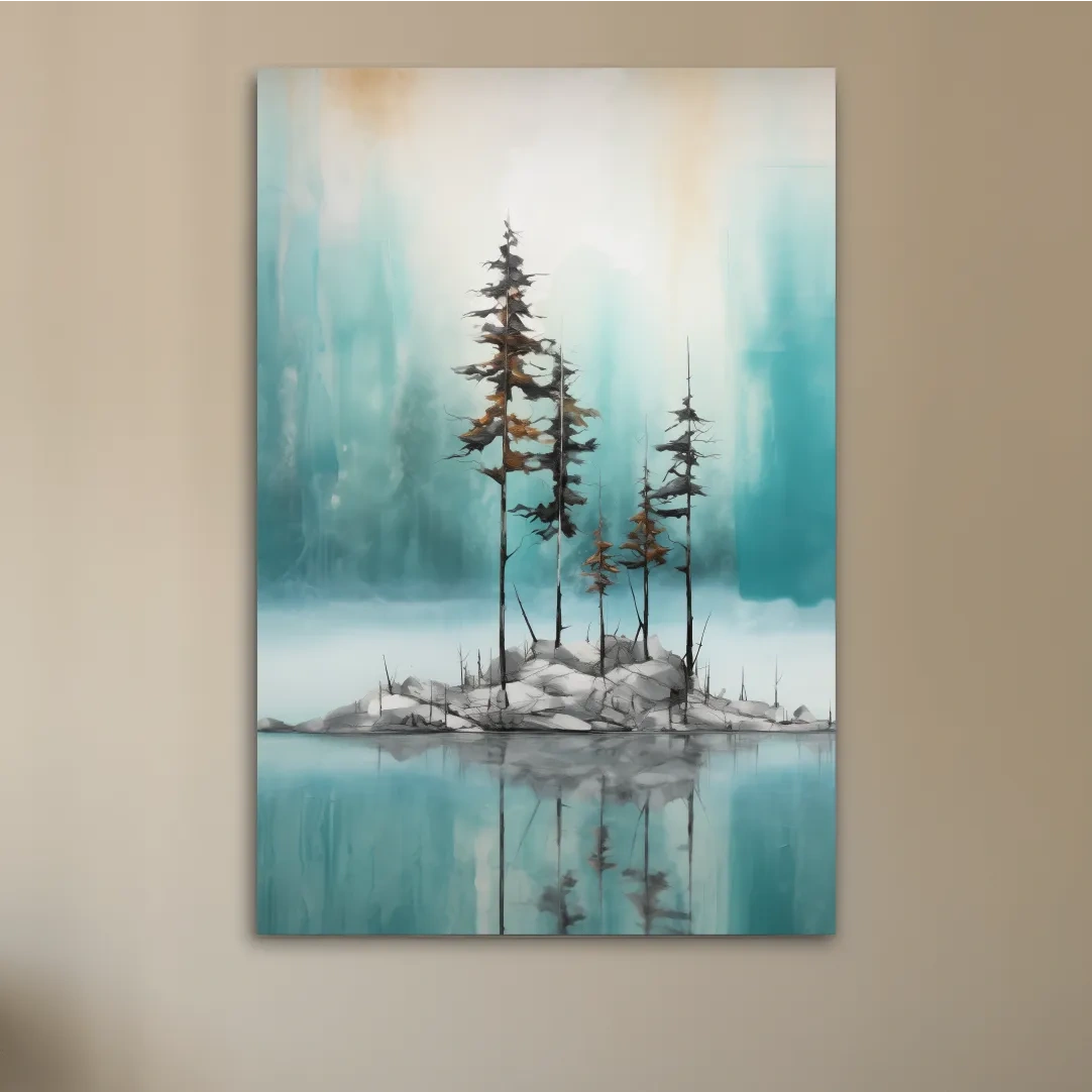 Misty Pine Trees Reflection - Watercolor Turquoise Alpine Lake Wall Art