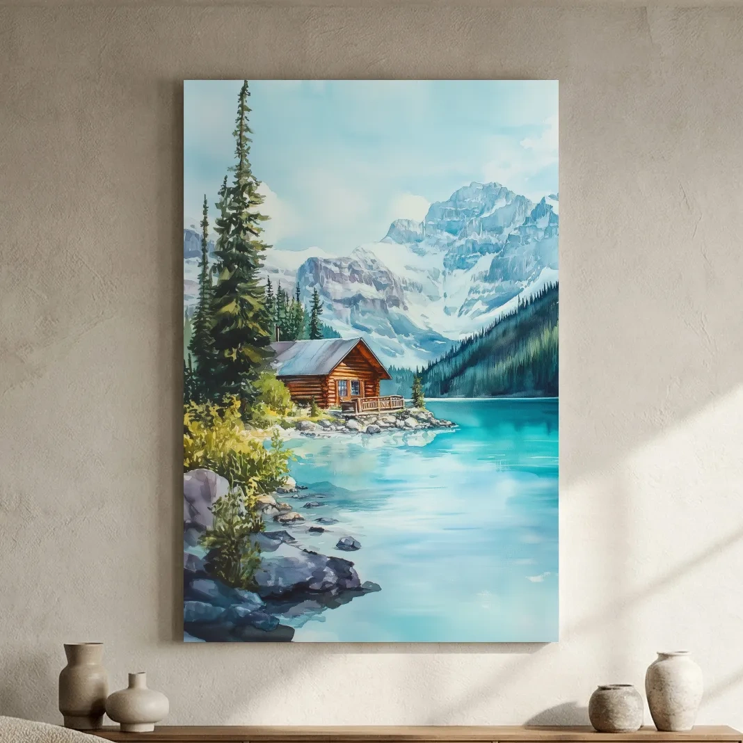 Turquoise Alpine Lake Cabin Watercolor - Serene Snowy Mountain Wall Art