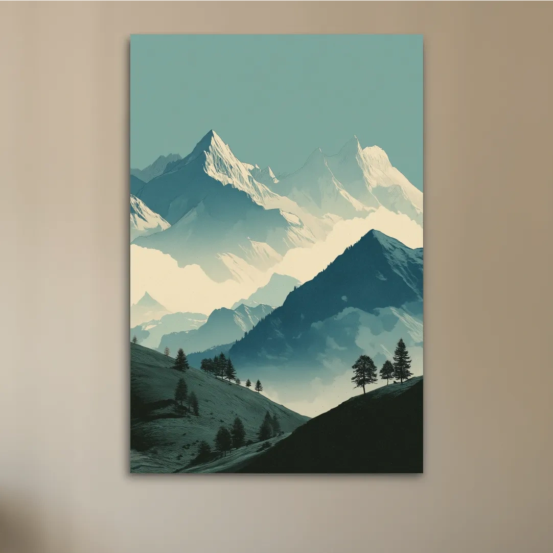 Misty Alpine Mountain Peaks Illustration - Serene Landscape Wall Art
