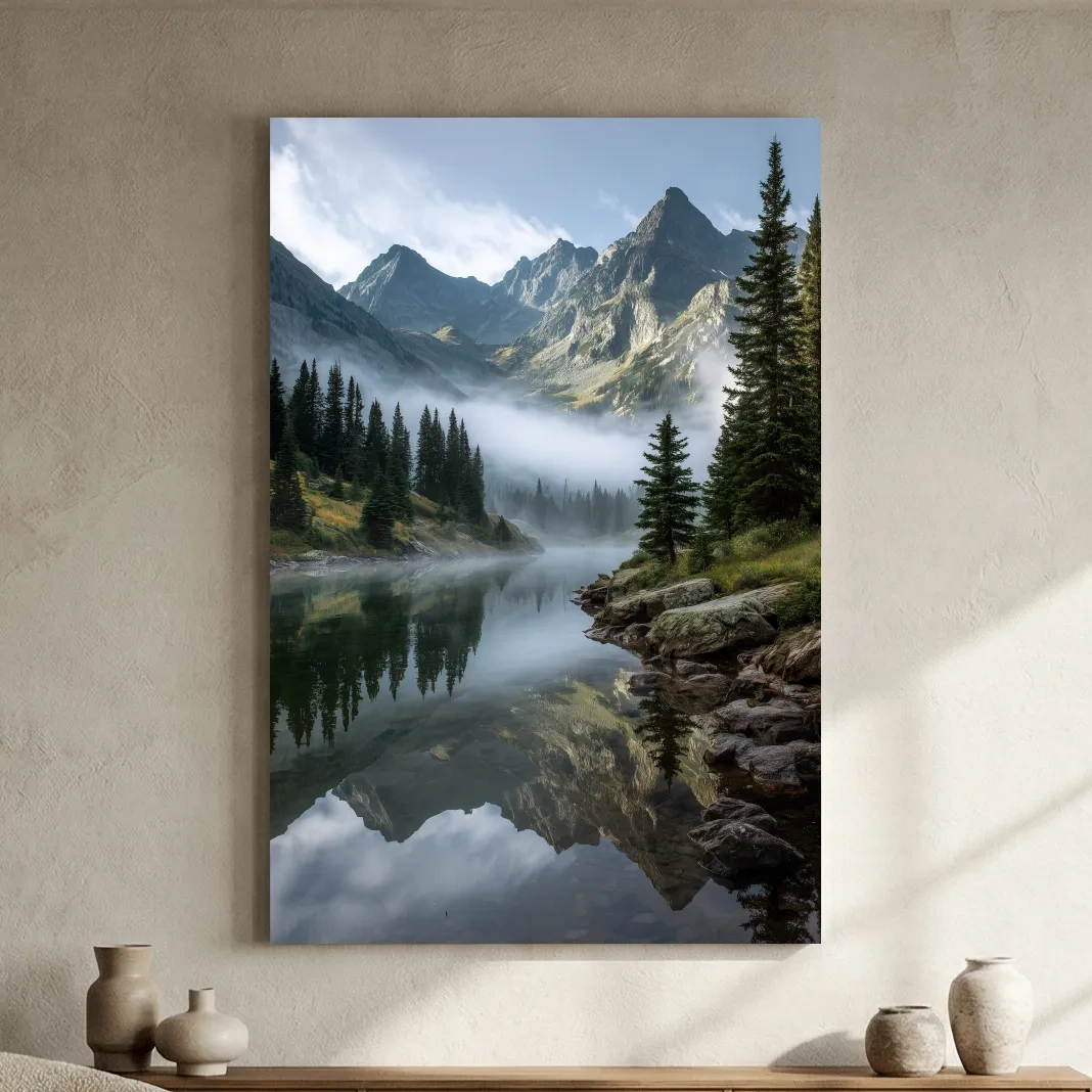 Misty Alpine Lake Photography - Serene Mountain Forest Wall Art
