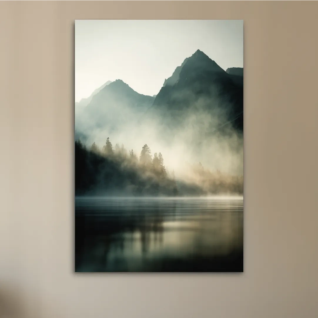 Moody Misty Mountain Lake Landscape - Serene Foggy Pine Forest Wall Art