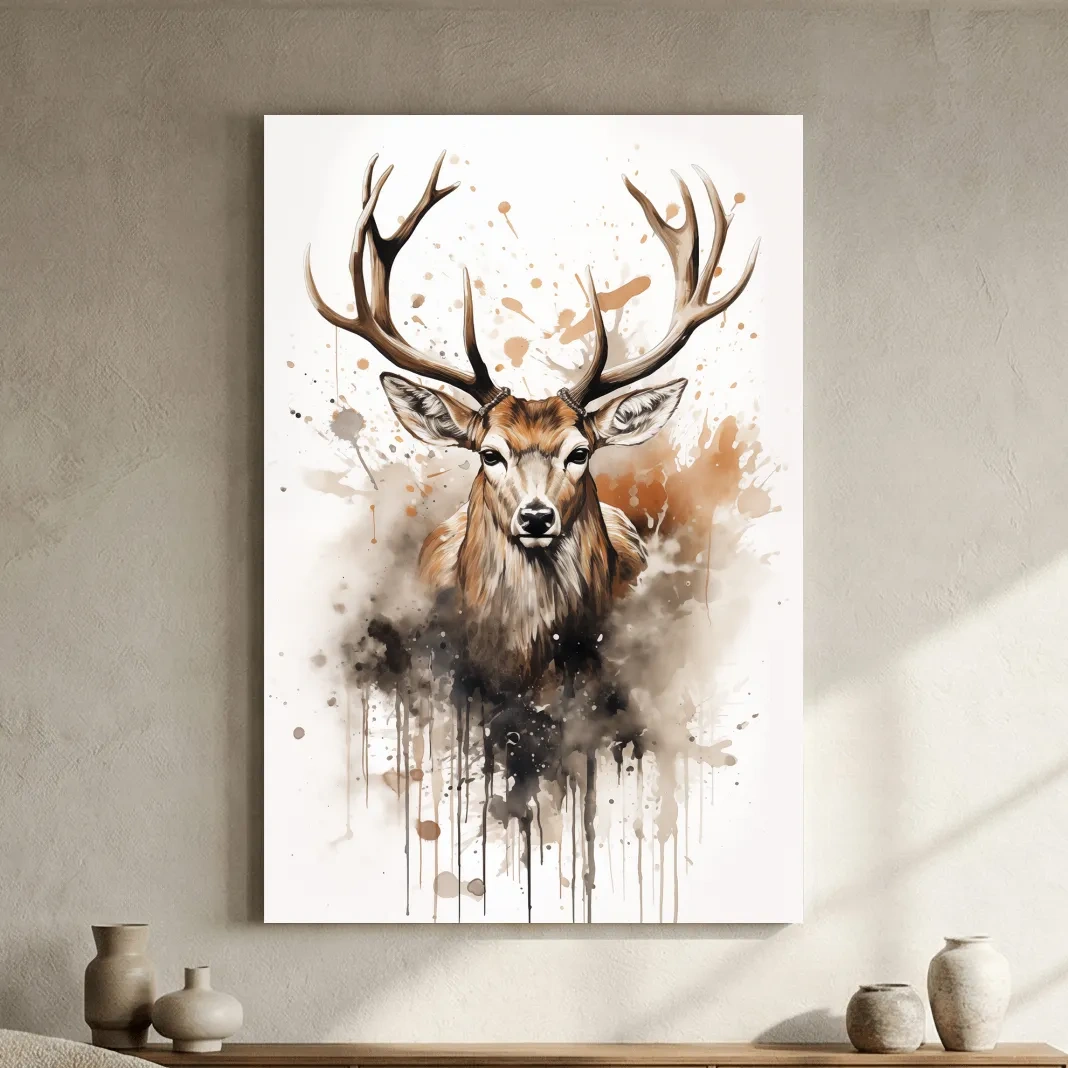Majestic Stag Watercolor Splash Painting - Rustic Wildlife Wall Art