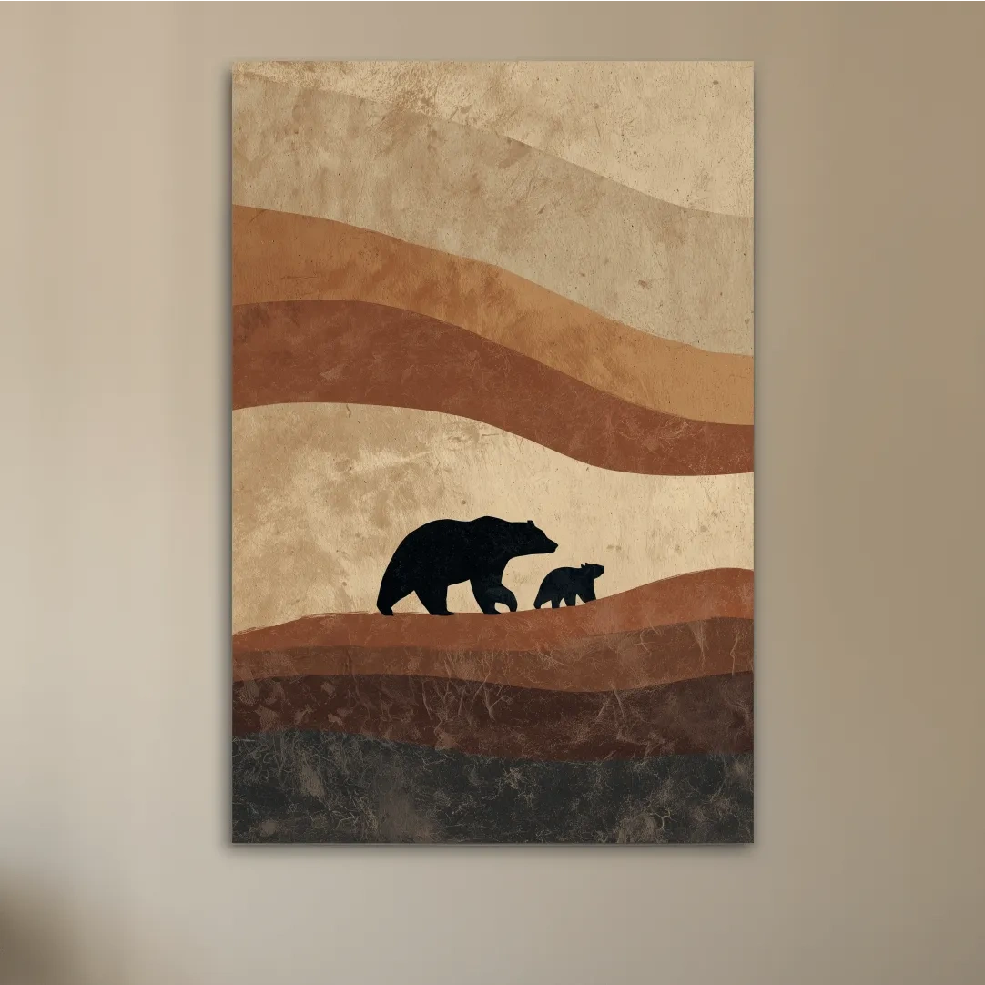 Scandi Bear Family Silhouette Artwork - Earthy Abstract Wildlife Wall Art