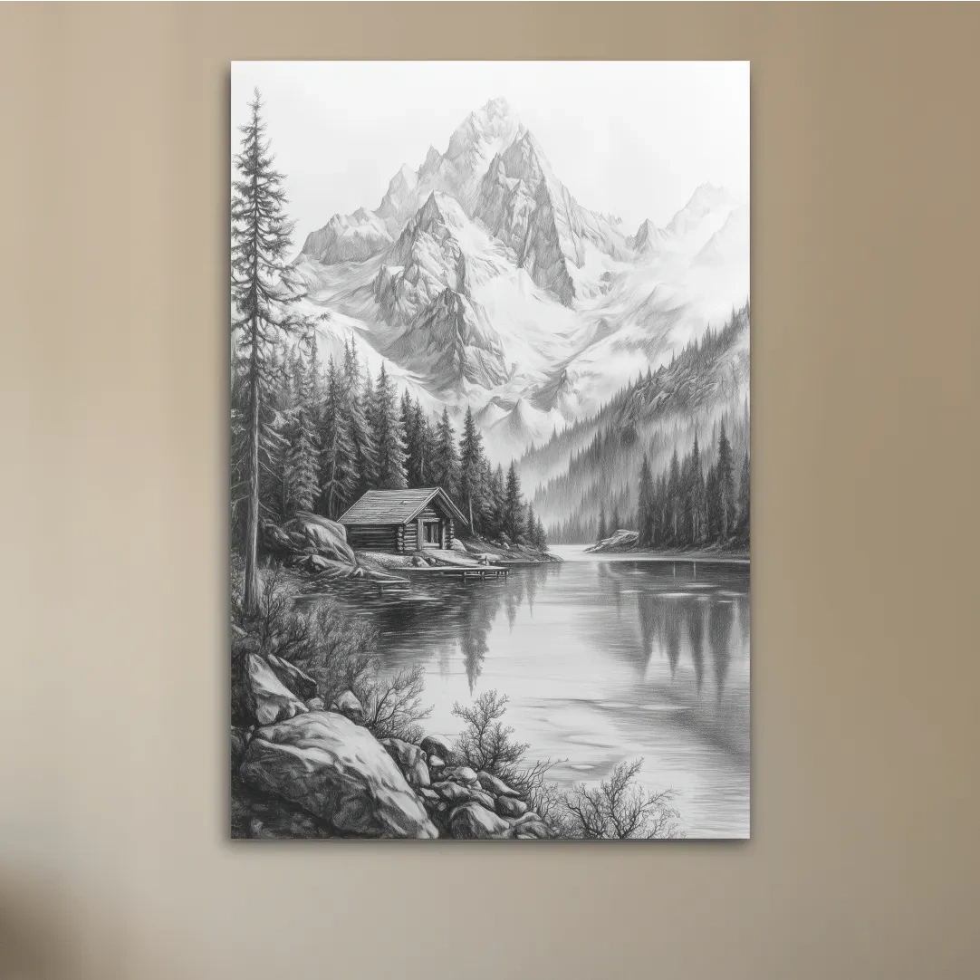 Monochrome Alpine Lake Cabin Sketch Art - Mountain Drawing Wall Art