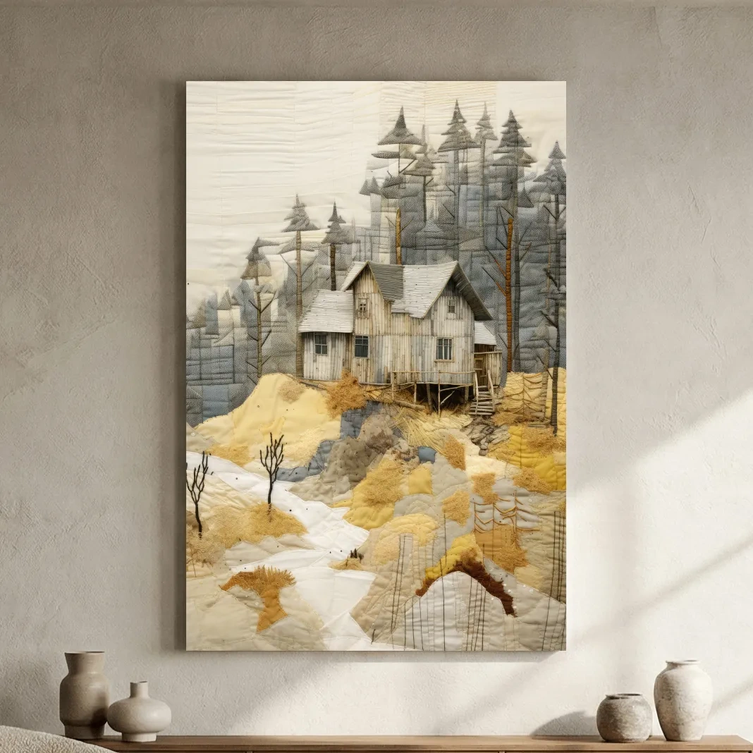 Rustic Woodland Cabin Landscape Quilt Art - Patchwork Style Mixed Media Wall Art