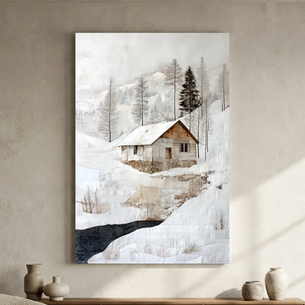 Snowy Mountain Cabin Painting - Winter Landscape Wall Art