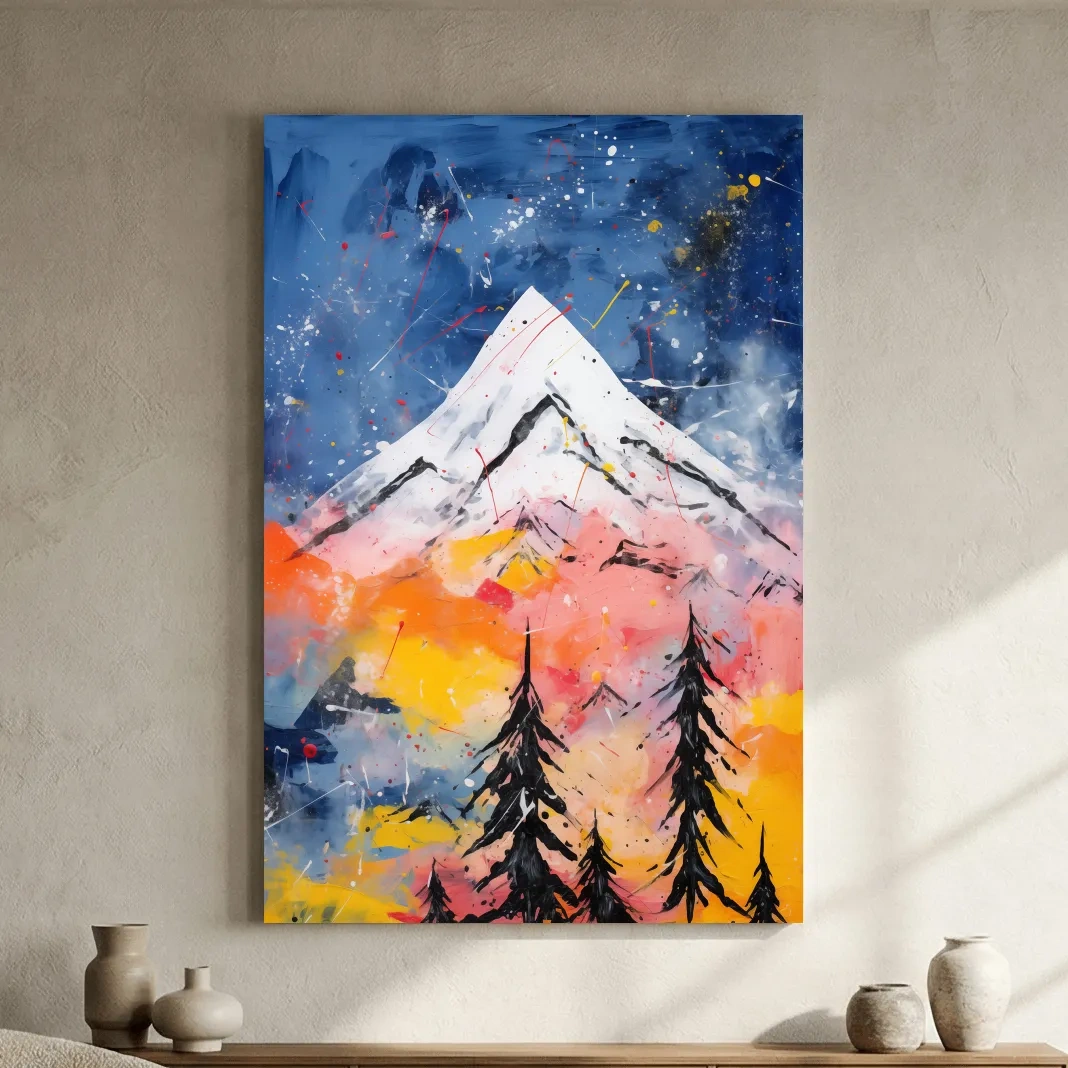 Vibrant Abstract Mountain Peak Sunset Painting - Colorful Acrylic Splash Forest Wall Art