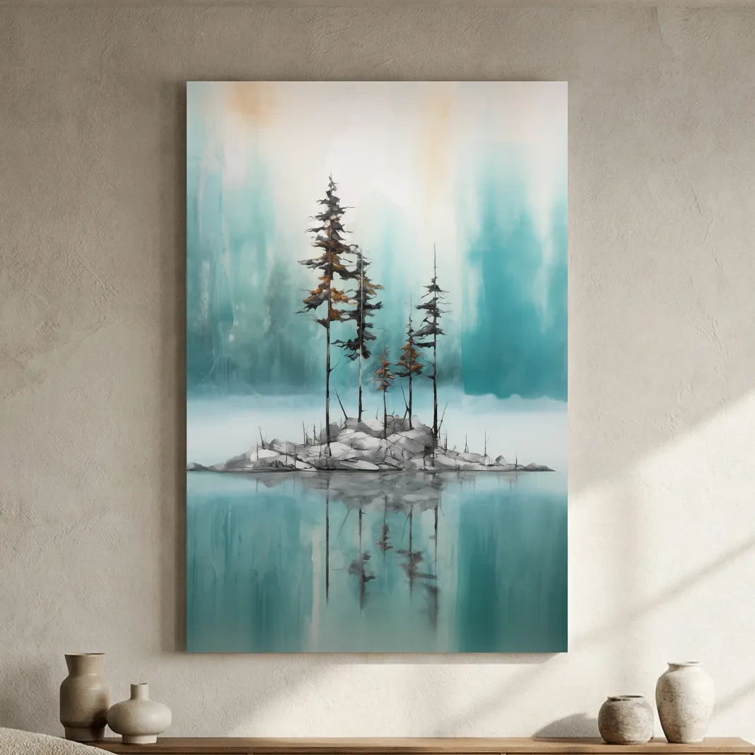 Misty Pine Trees Reflection - Watercolor Turquoise Alpine Lake Wall Art