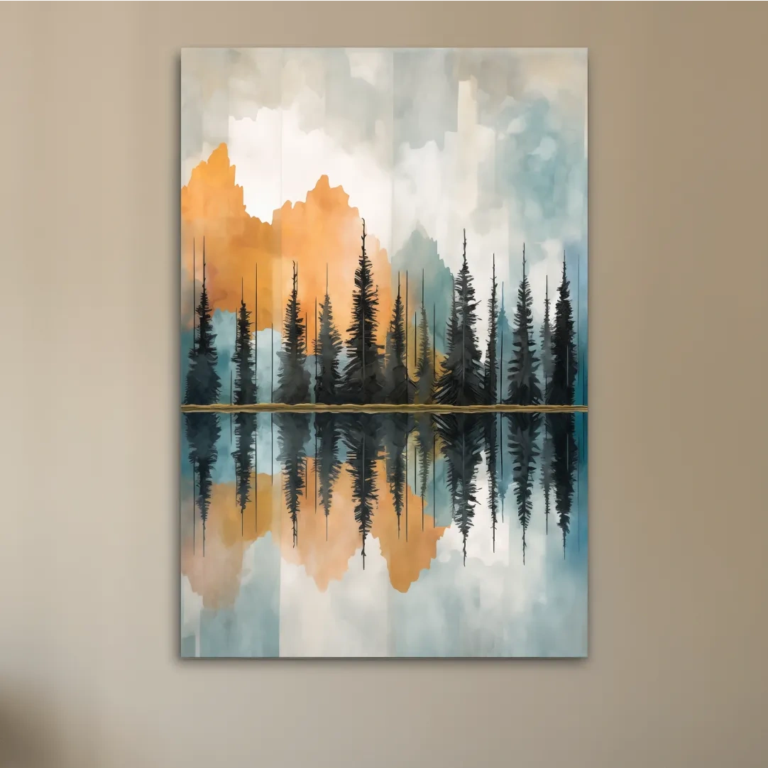 Abstract Watercolor Mountain Lake Reflection - Alpine Forest Landscape Artwork