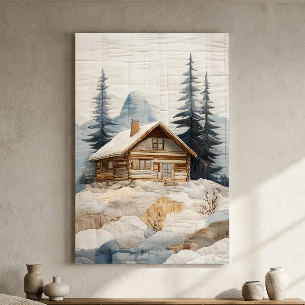 Rustic Winter Cabin In Snowy Pines - Textured Patchwork Fabric Effect Wall Art