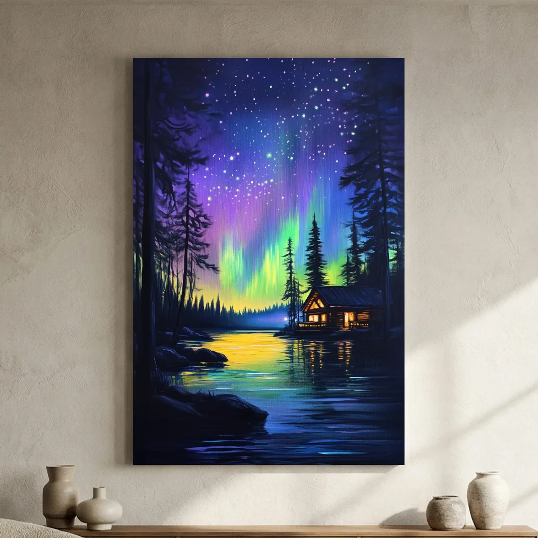 Vibrant Northern Lights Lakeside Cabin Painting - Aurora Borealis Night Landscape Wall Art