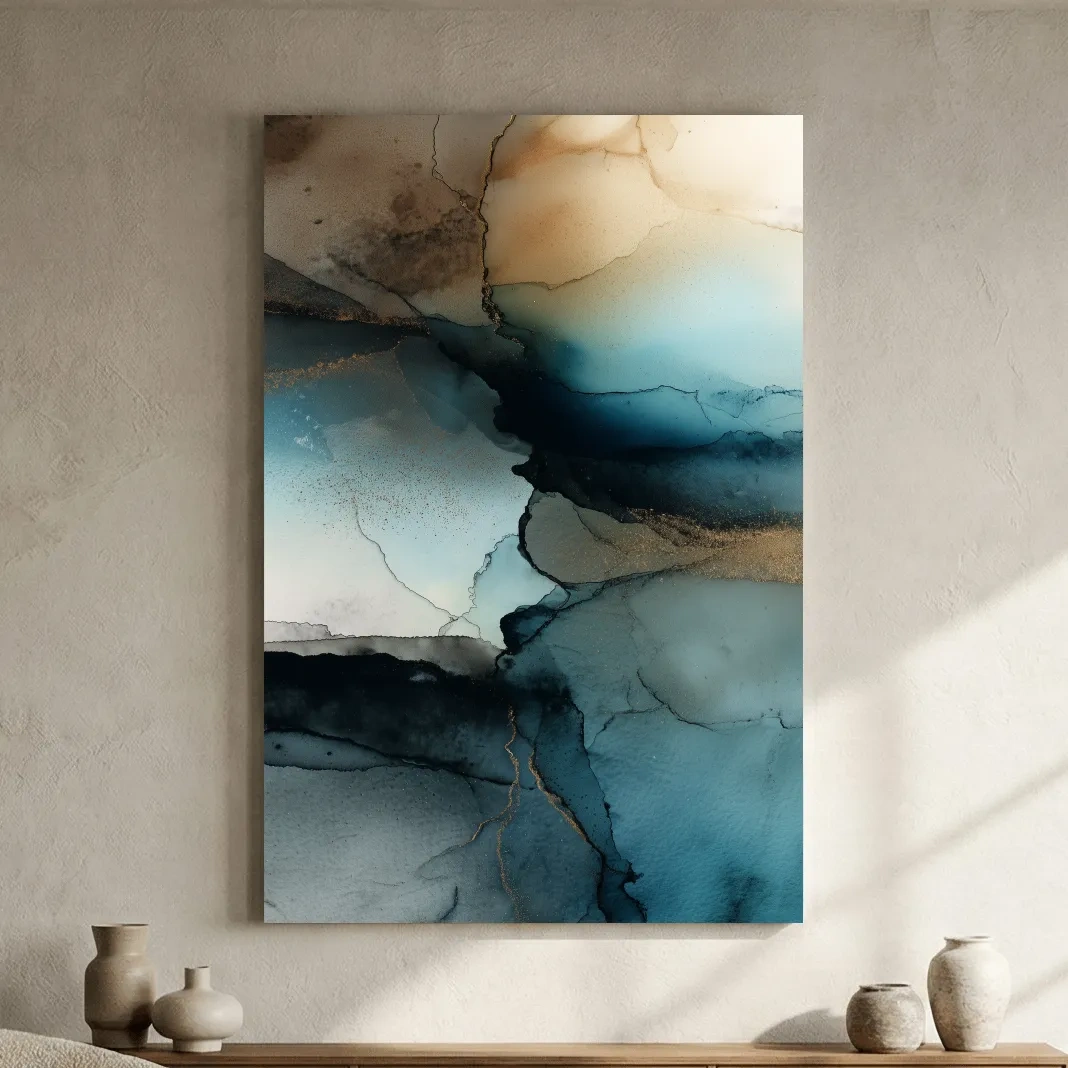 Moody Teal Ink Wash Abstract - Alcohol Ink Style Mountain Wall Art