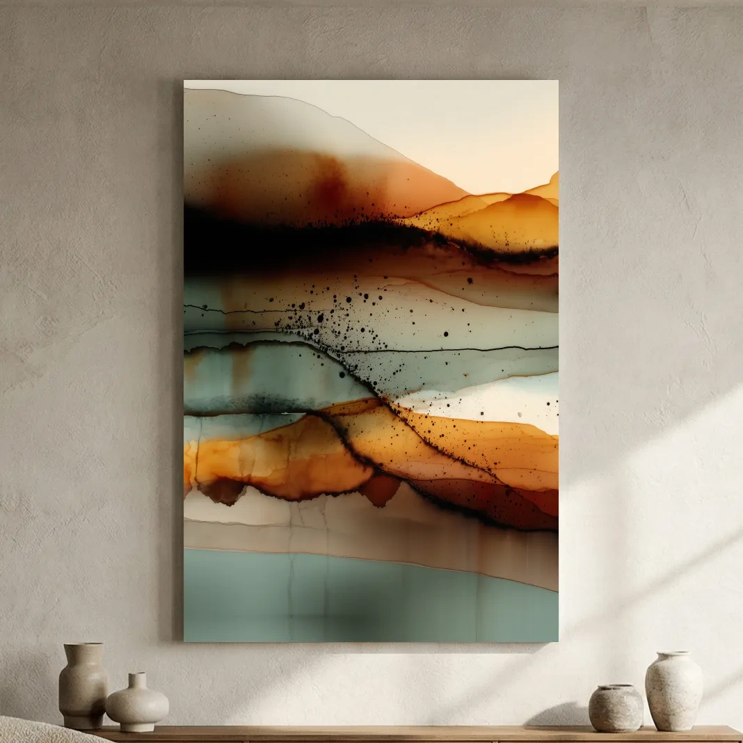 Earth Tone Ink Wash Mountain Landscape - Abstract Modern Wall Art