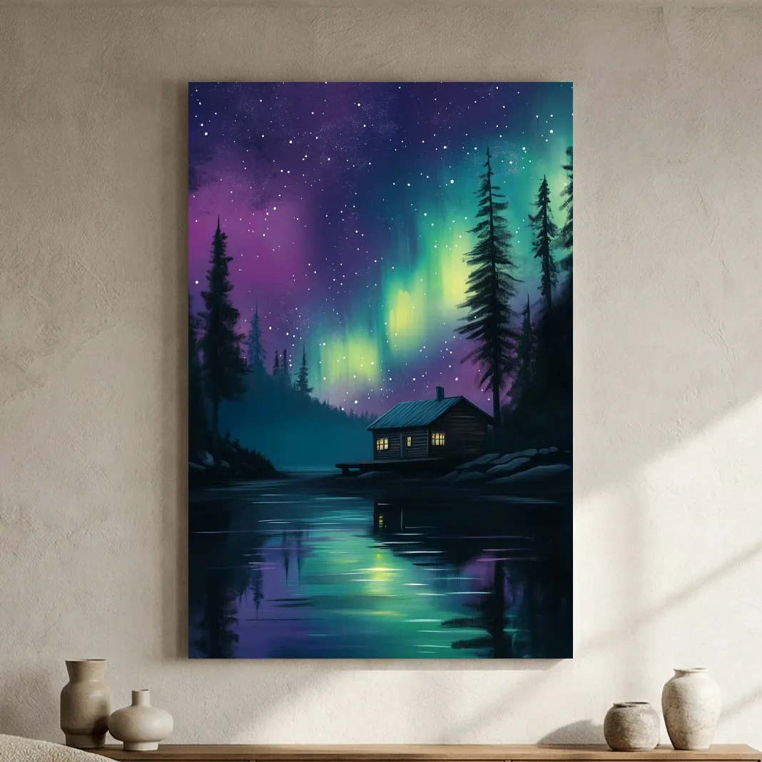 Aurora Borealis Lake Cabin Painting - Northern Lights Wall Art