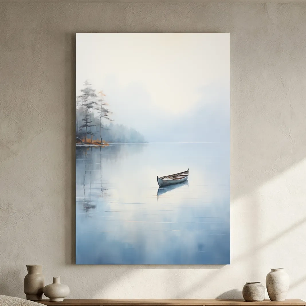 Misty Lake Canoe Reflection Painting - Serene Minimalist Waterscape Wall Art