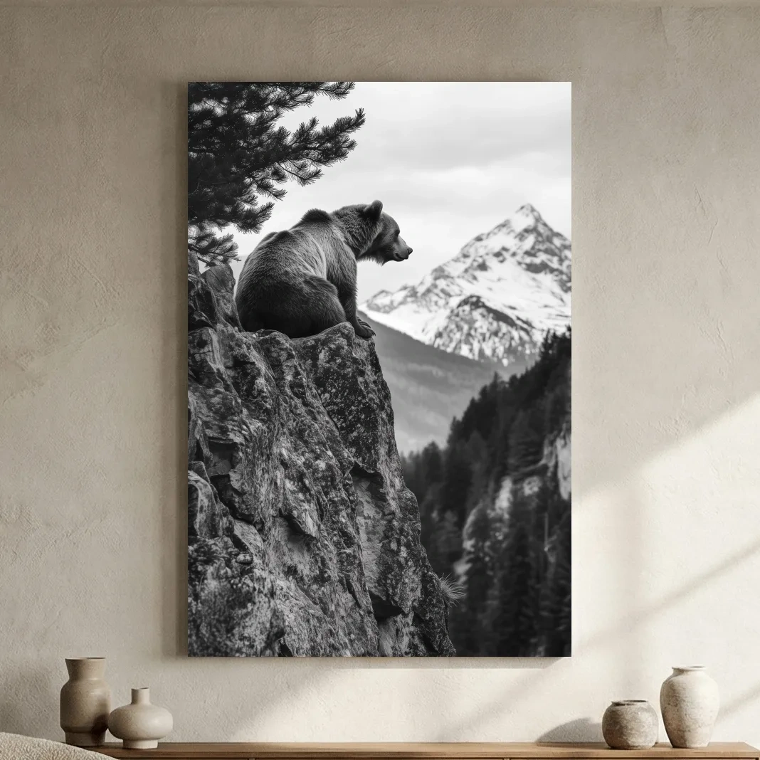 Black And White Grizzly Bear Photographic Artwork - Alpine Wildlife Wall Art