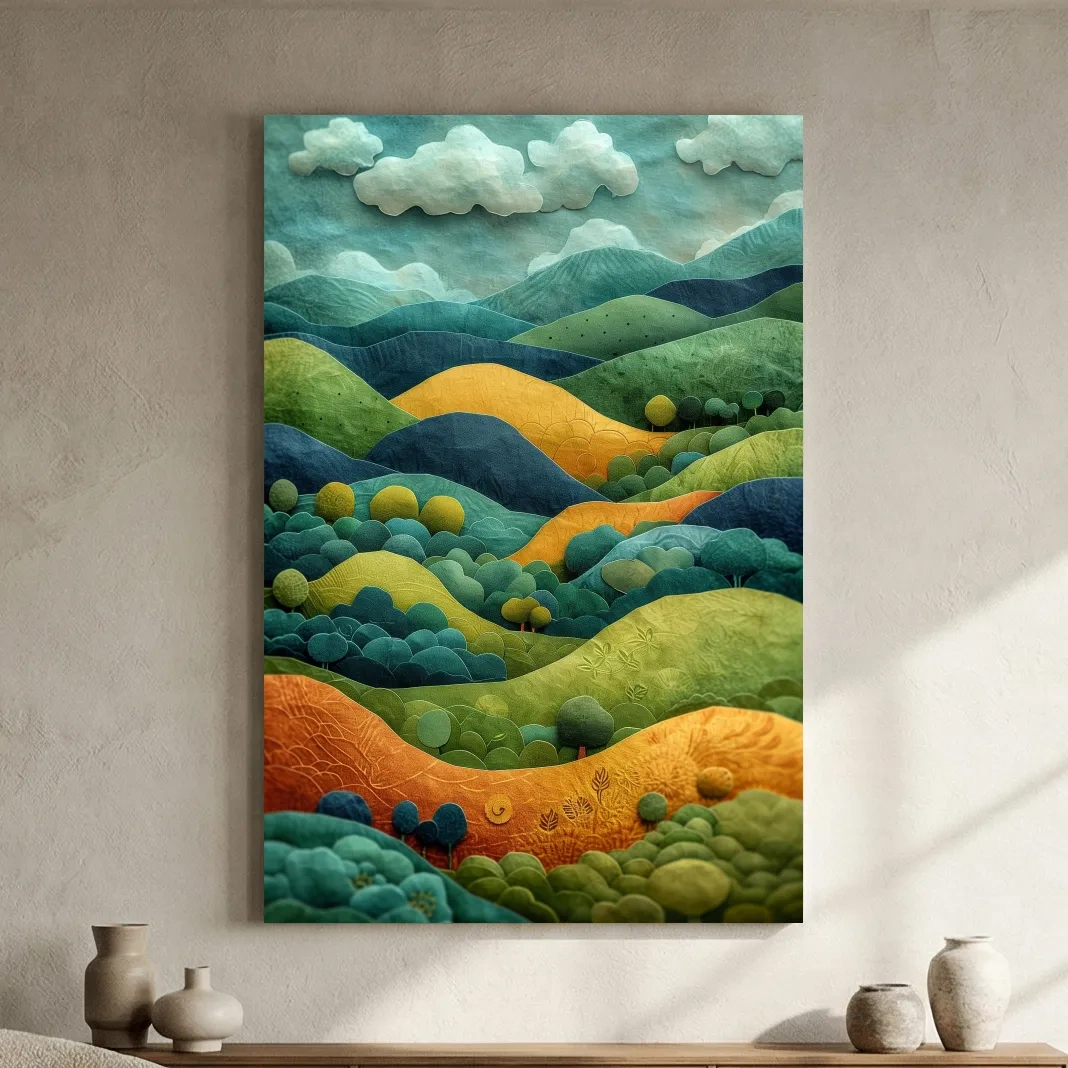 3D Layered Paper Cut Style Mountain Artwork - Whimsical Surreal Landscape Wall Art