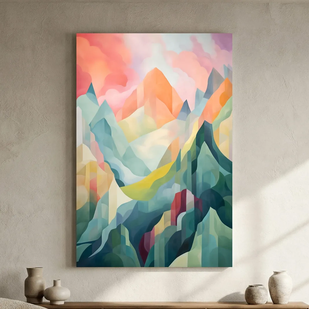 Vibrant Abstract Pastel Mountain Sunset - Geometric Watercolor Style Wall Art