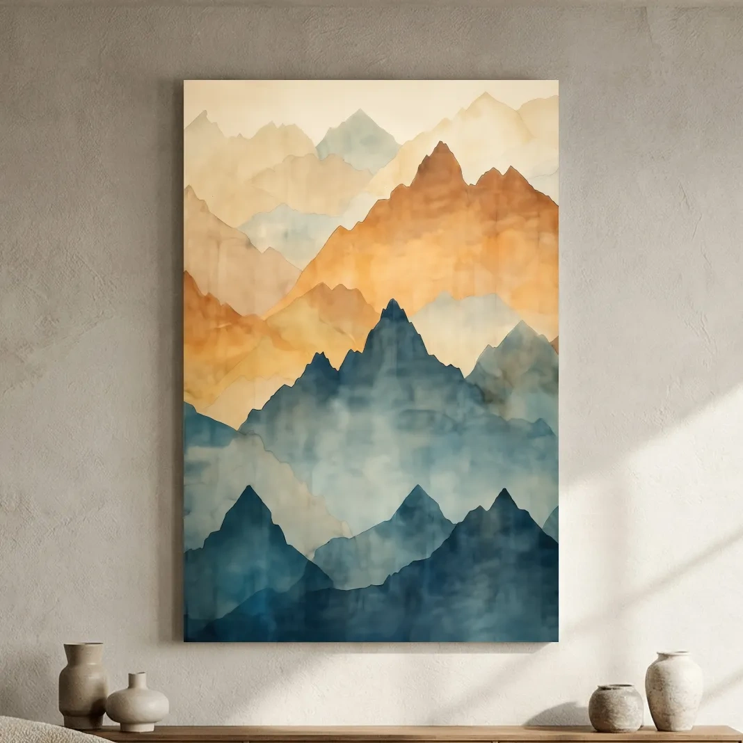 Foggy Layered Mountain Watercolor Landscape - Abstract Wall Art
