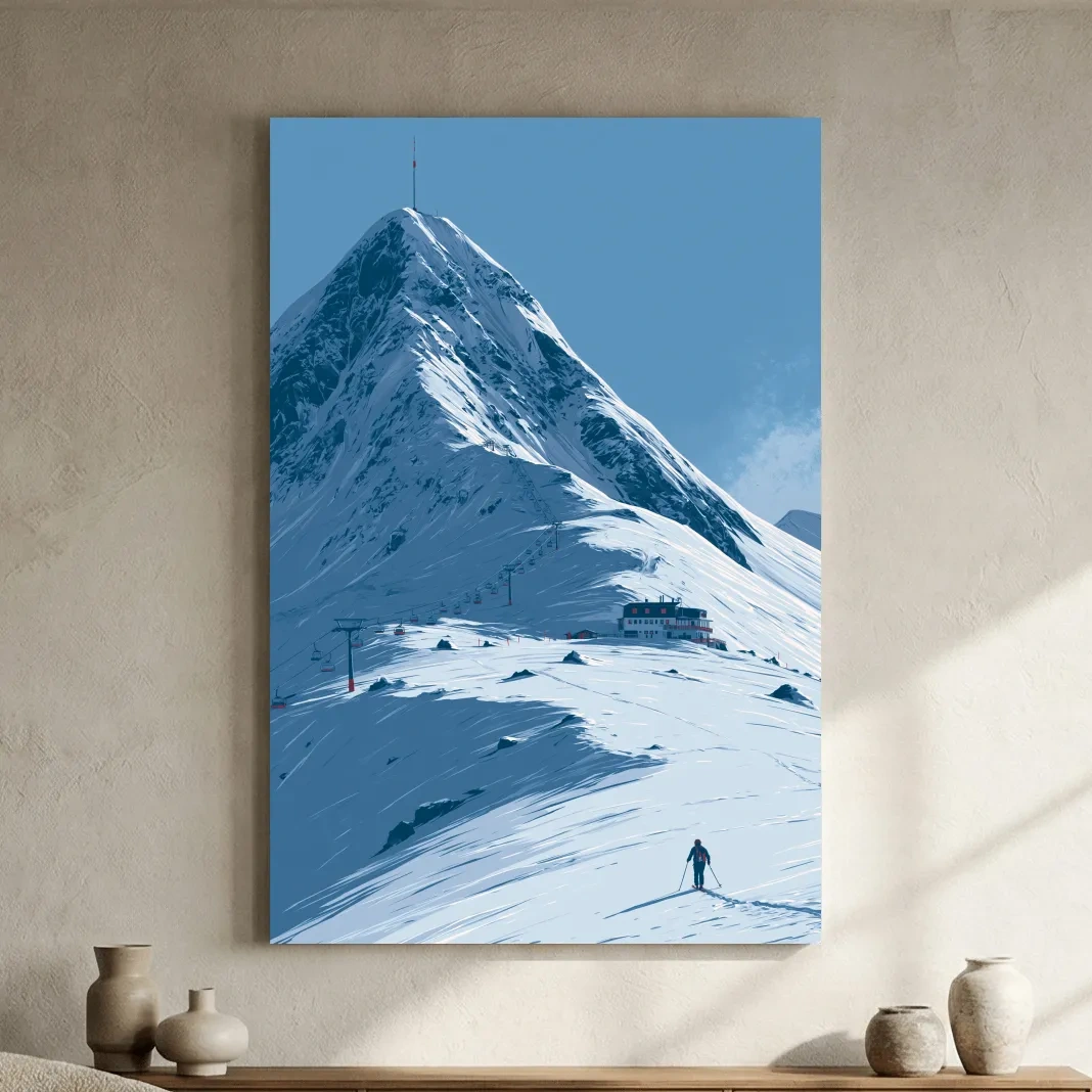 Alpine Mountain Skier Artwork - Minimalist Winter Landscape Wall Art