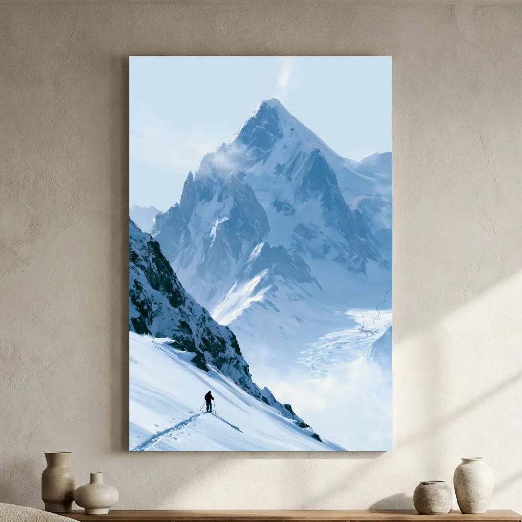 Backcountry Skier Alpine Peak Landscape - Minimalist Winter Mountain Wall Art