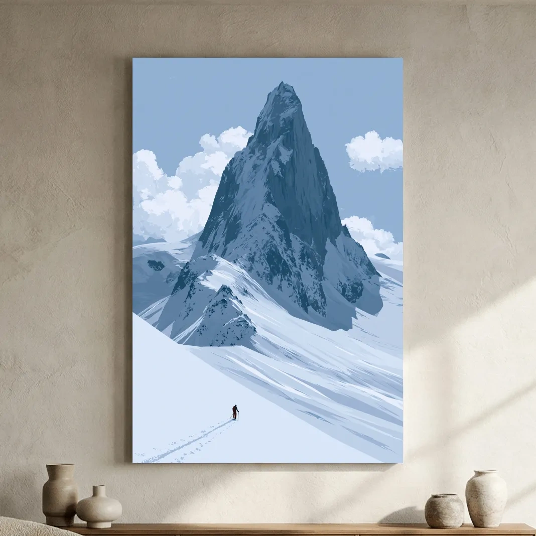 Backcountry Alpine Skier Illustration - Minimalist Mountain Landscape Wall Art