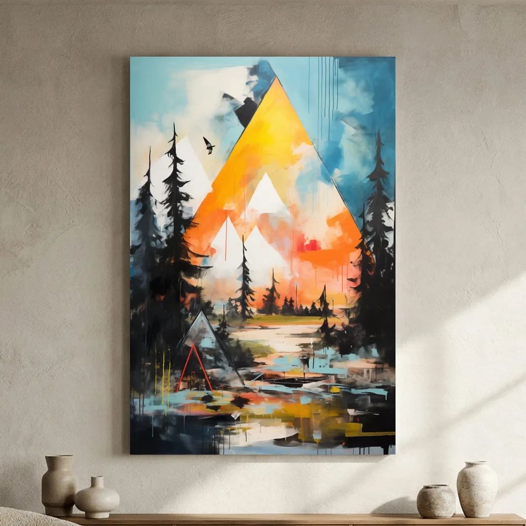 Vibrant Abstract Mountain Painting - Modern Geometric Alpine Forest Wall Art