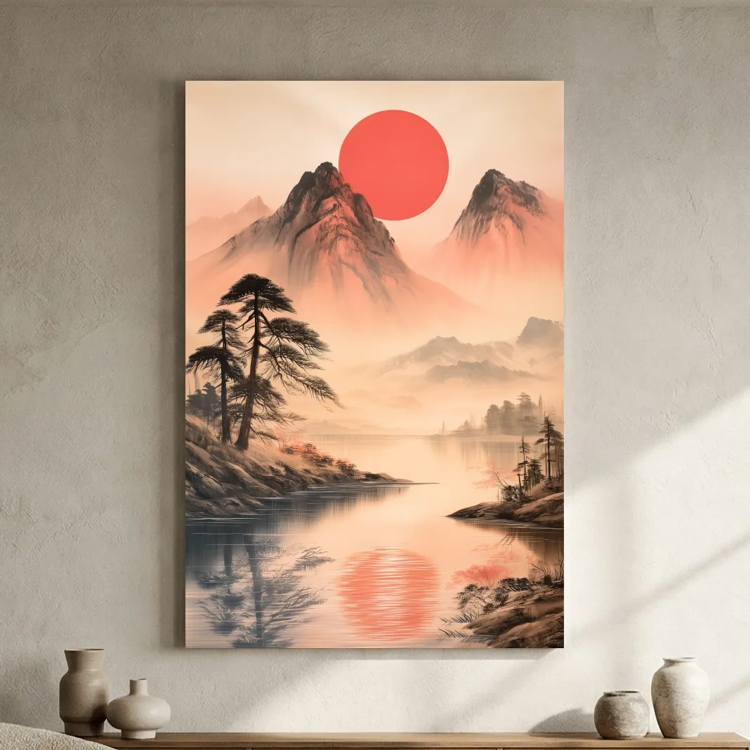 Zen Misty Mountain Lake Sunrise - Japanese Ink Wash Wall Art