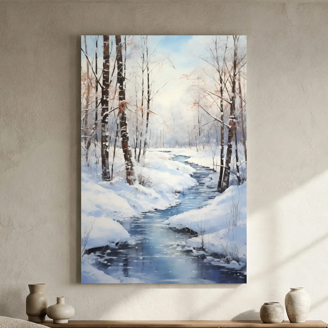 Serene Winter River Forest Painting - Snowy Woodland Wall Art