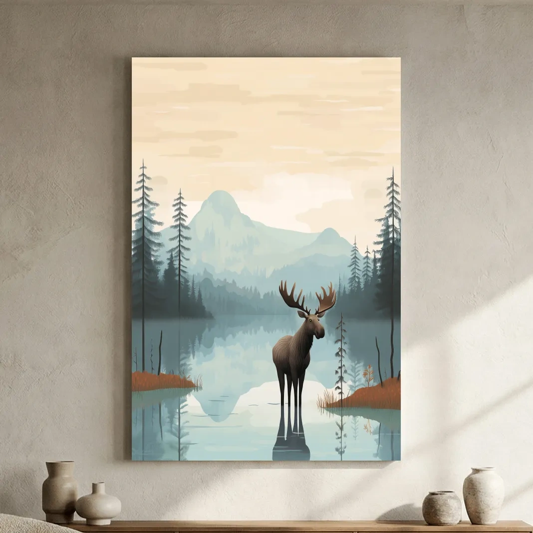 Moose Mountain Lake Illustration - Nursery Forest Mountain Wall Art