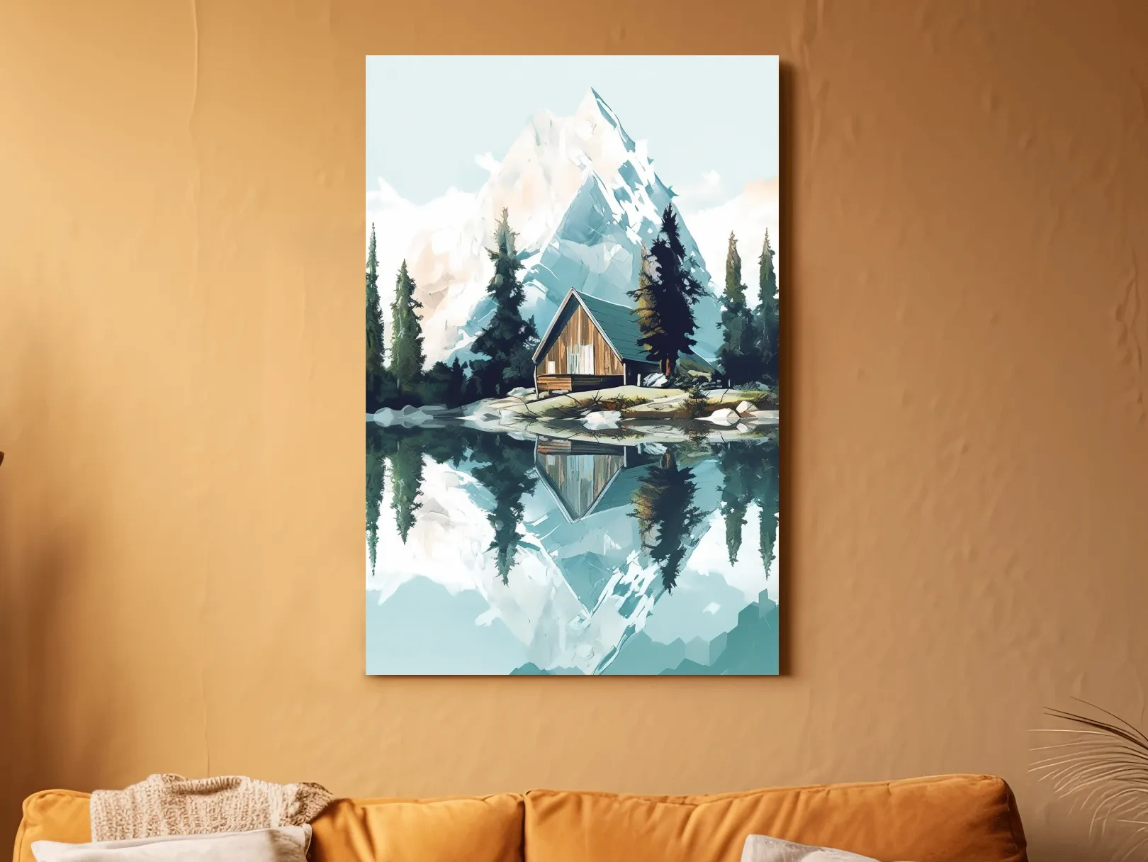 Serene Alpine Cabin Lake Painting - Mountain Landscape Wall Art