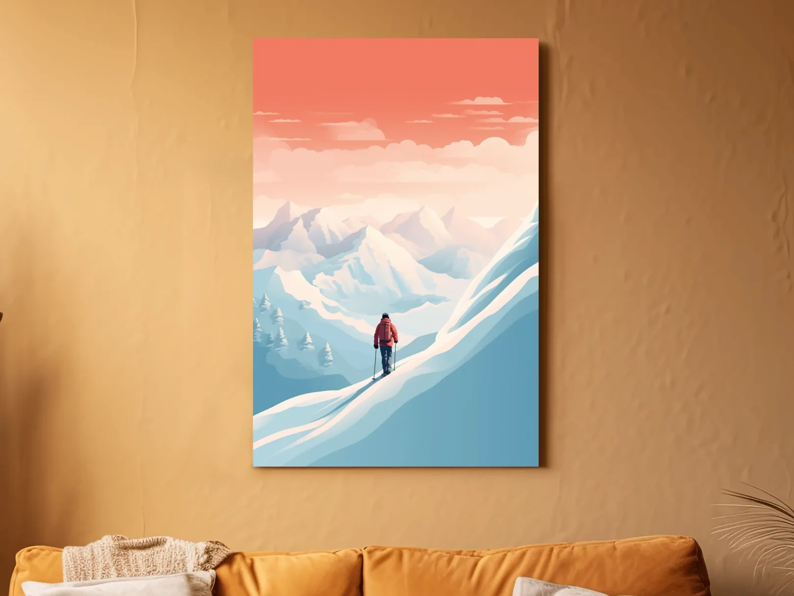 Backcountry Skier In Alpine Sunset - Minimalist Winter Mountains Wall Art