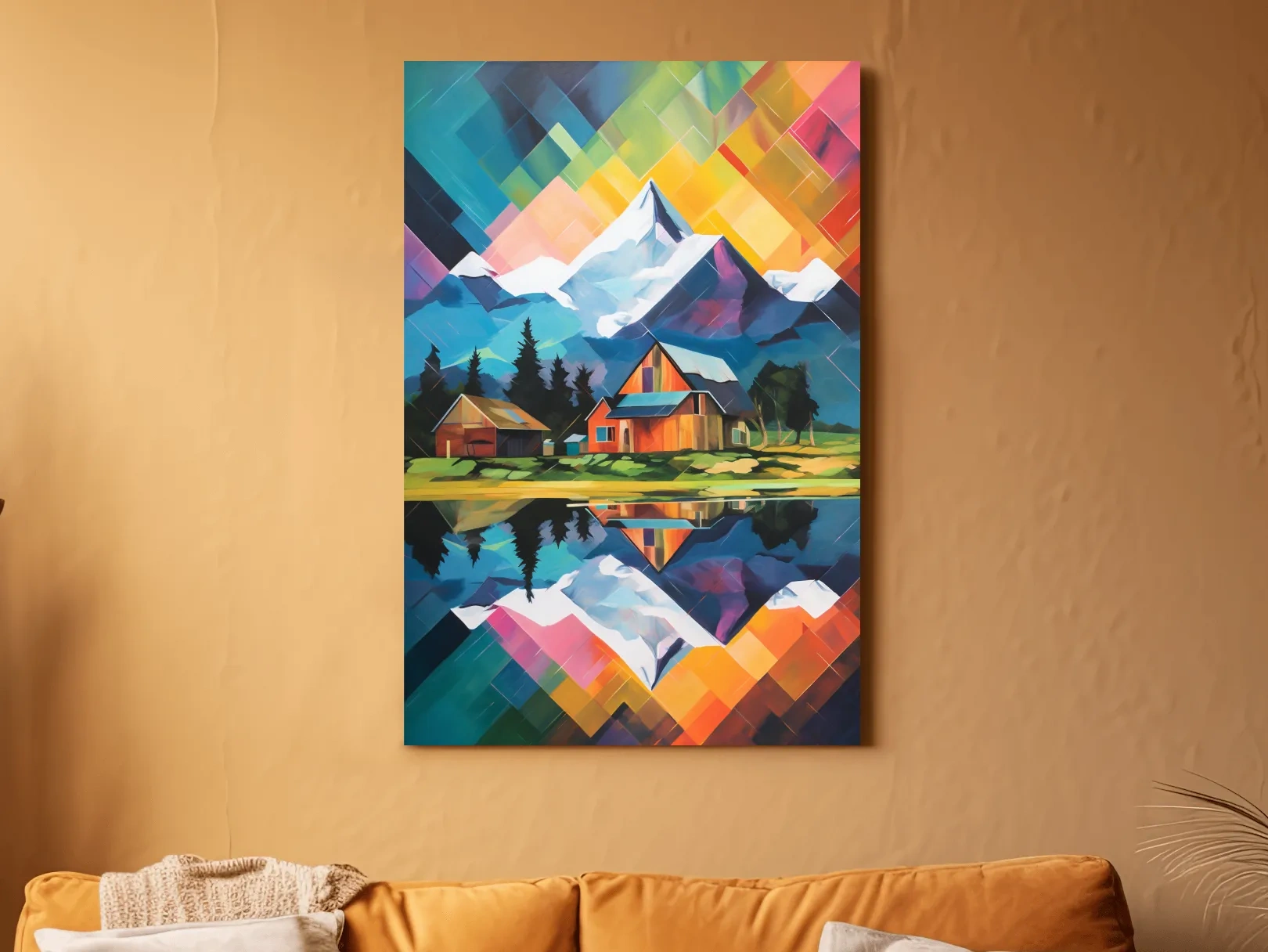 Vibrant Geometric Mountain Cabin Painting - Colorful Abstract Alpine Wall Art