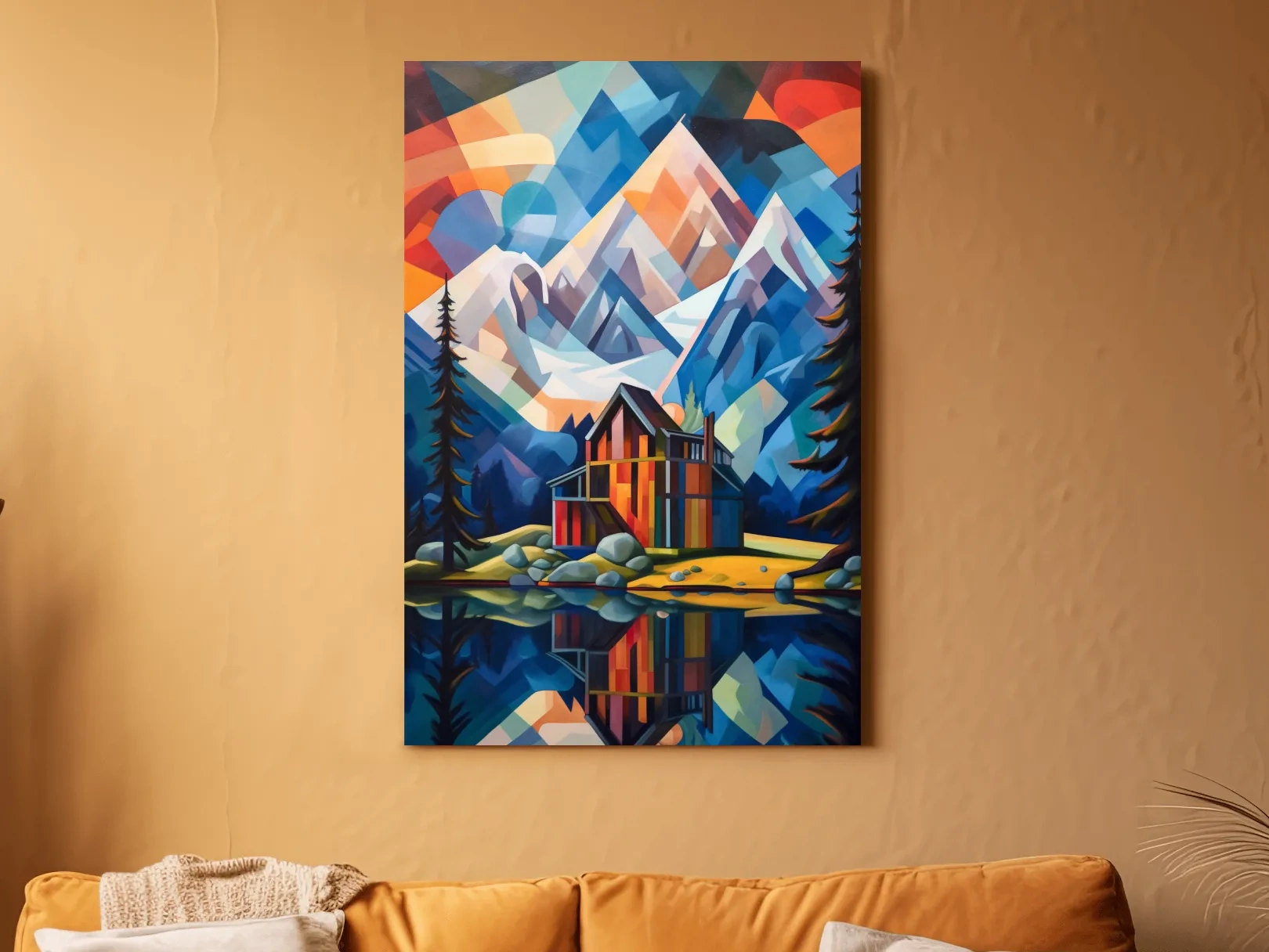 Vibrant Geometric Mountain Lake Cabin Painting - Abstract Alpine Wall Art