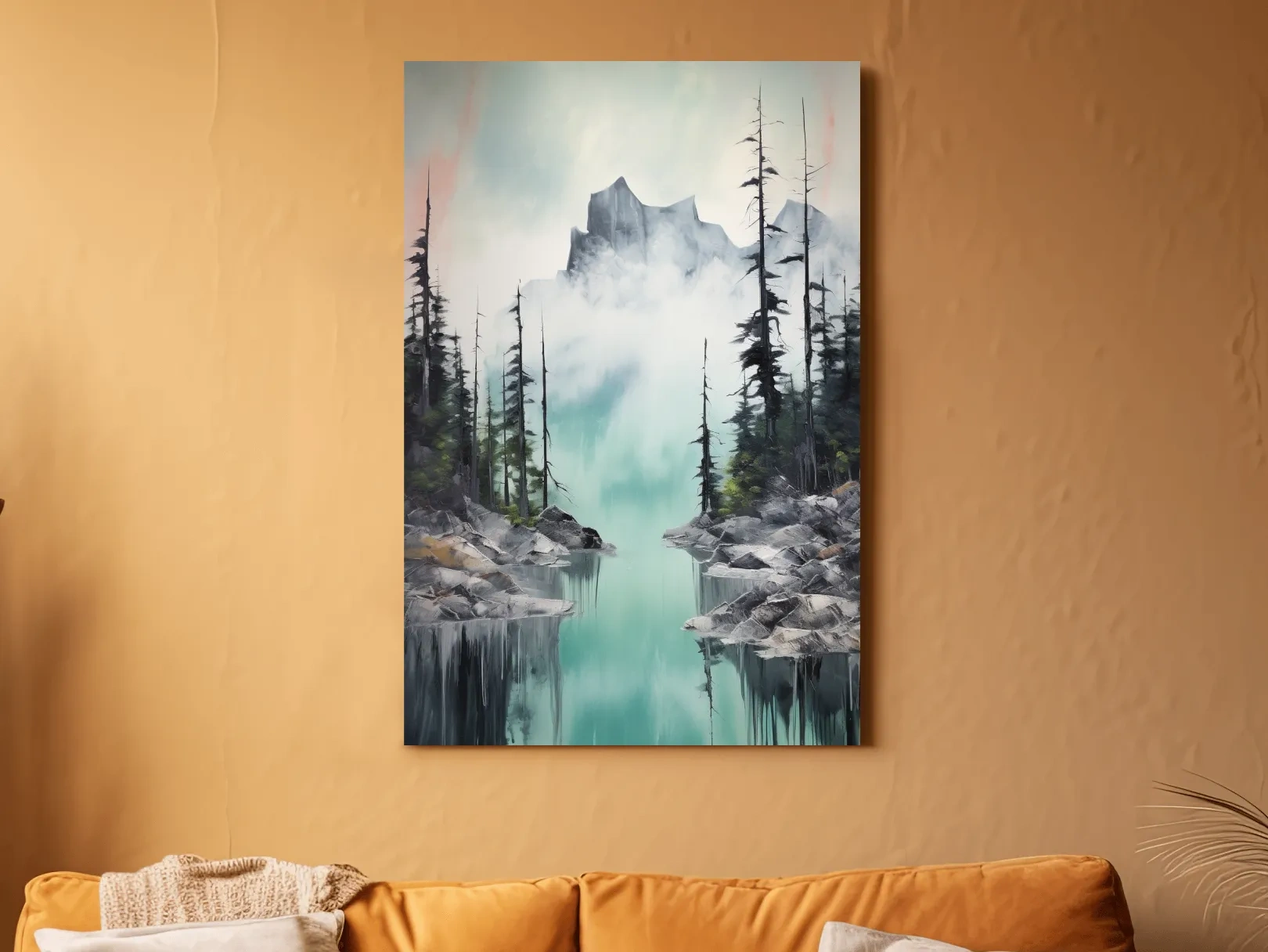 Misty Turquoise Alpine Lake Reflection - Watercolor Mountain Forest Wall Art