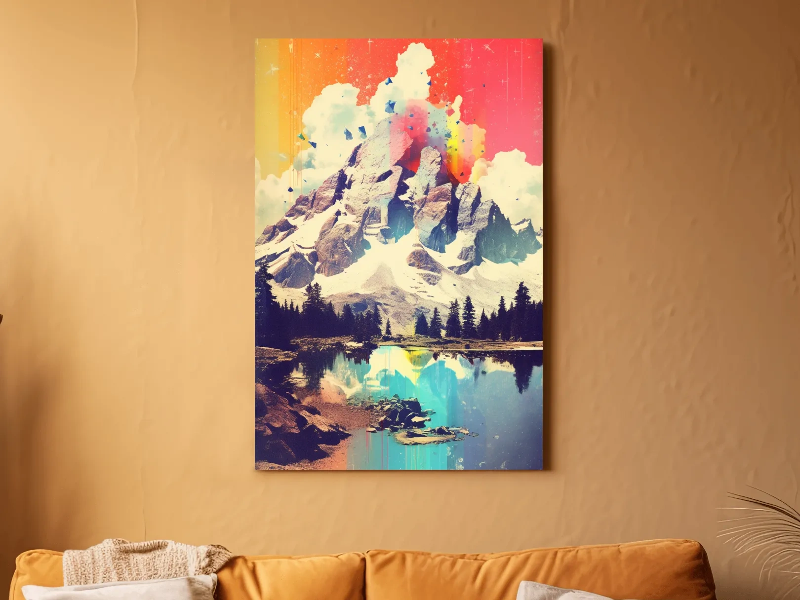 Vibrant Abstract Mountain Lake Painting - Colorful Alpine Landscape Wall Art