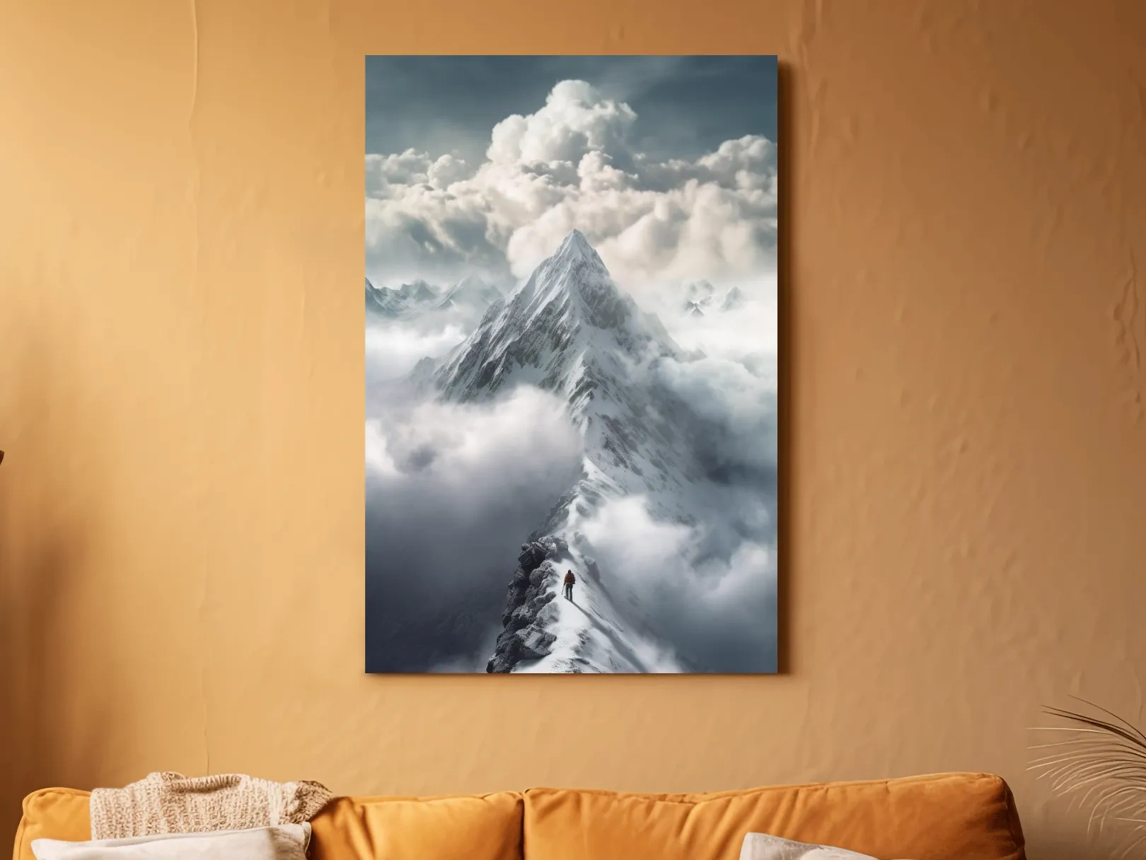 Painting of a person approaching the summit of a snowy mountain