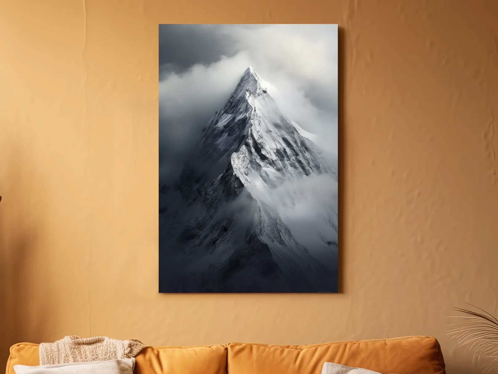 Photographic art, ominous snowy peak in the clouds
