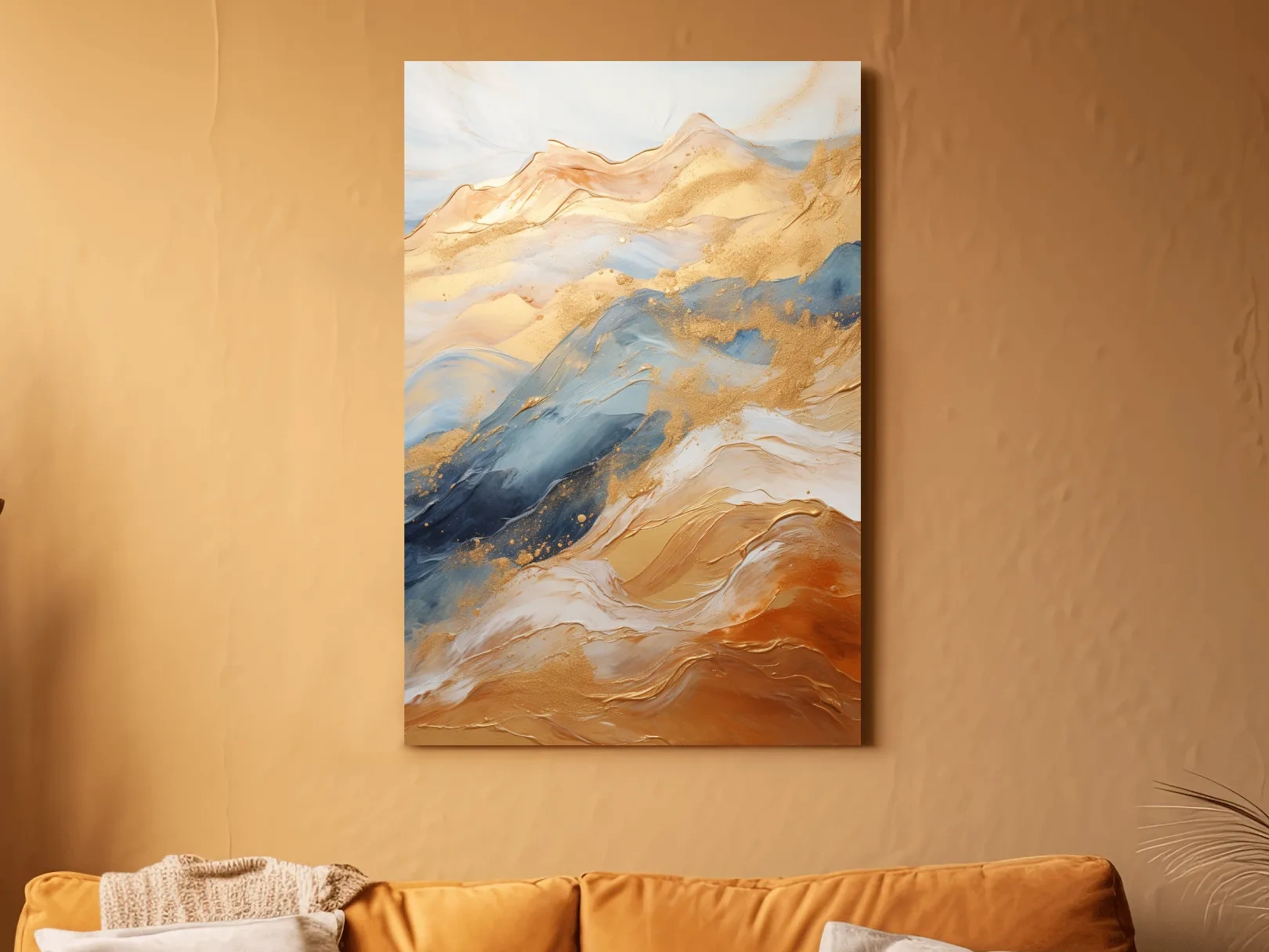 Abstract Gold And Blue Mountain Landscape - Modern Fluid Marble Wall Art