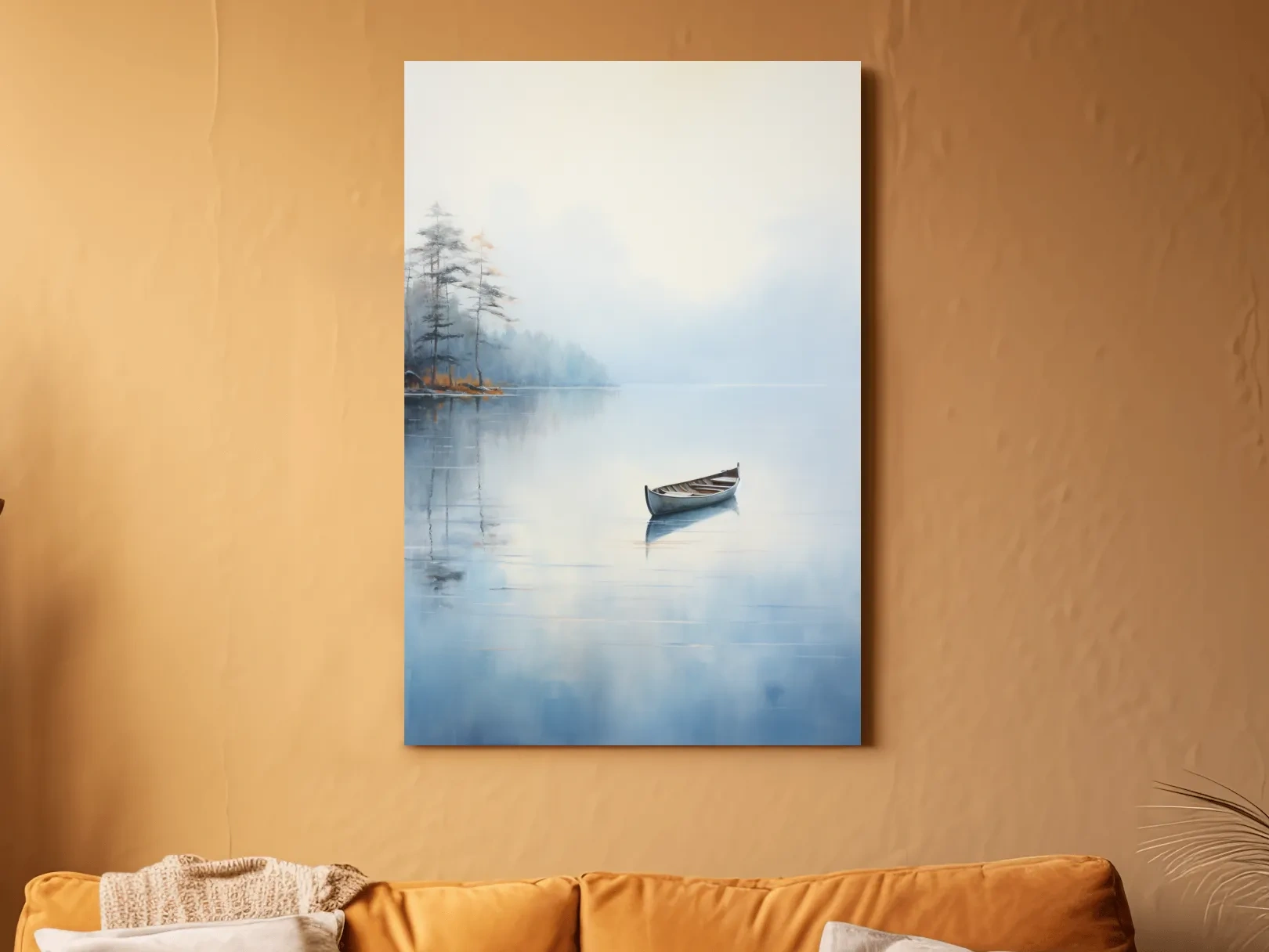 Misty Lake Canoe Reflection Painting - Serene Minimalist Waterscape Wall Art