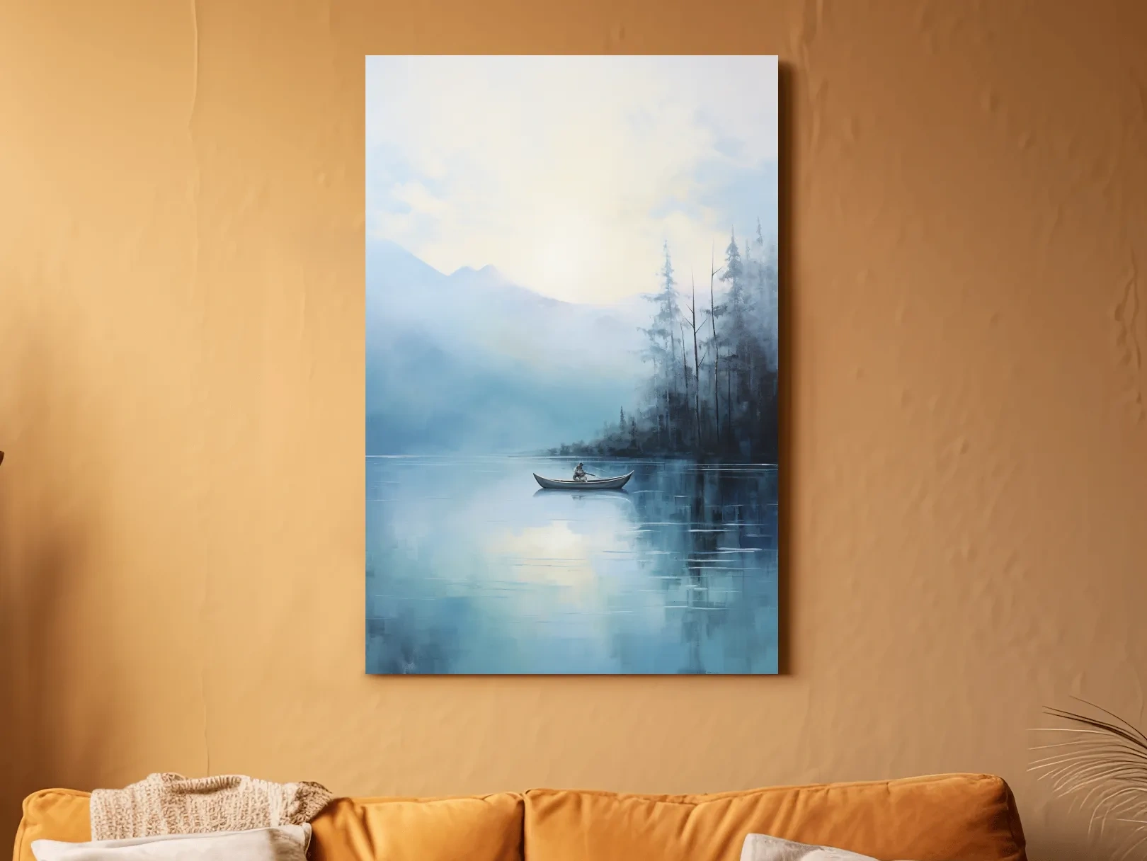 Misty Turquoise Mountain Lake Canoe Painting - Serene Forest Landscape Wall Art