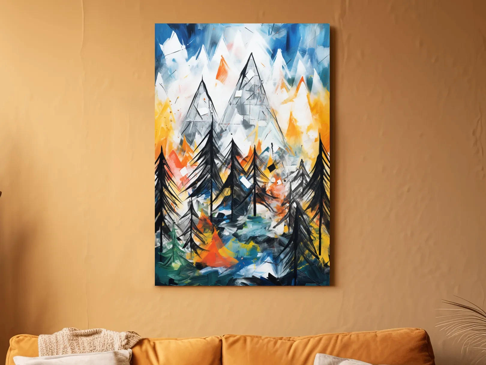 Abstract Alpine Mountain Peaks Painting - Colorful Energetic Pine Forest Landscape Wall Art