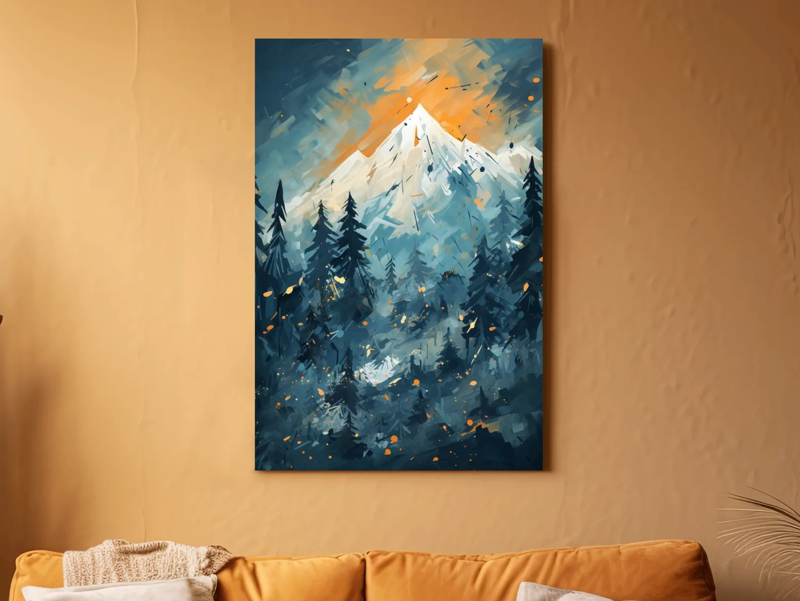 Abstract Snowy Mountain Peak Sunset - Moody Pine Forest Painting Wall Art