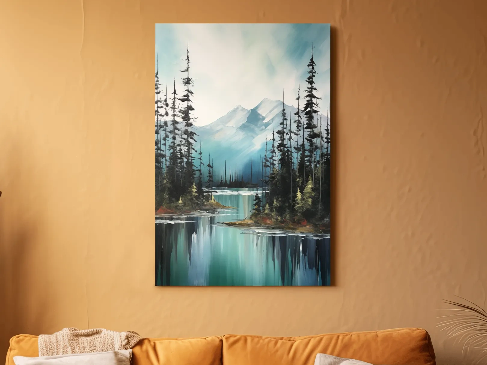 Alpine Turquoise Lake Watercolor Landscape - Serene Pine Forest Nature Wall Art