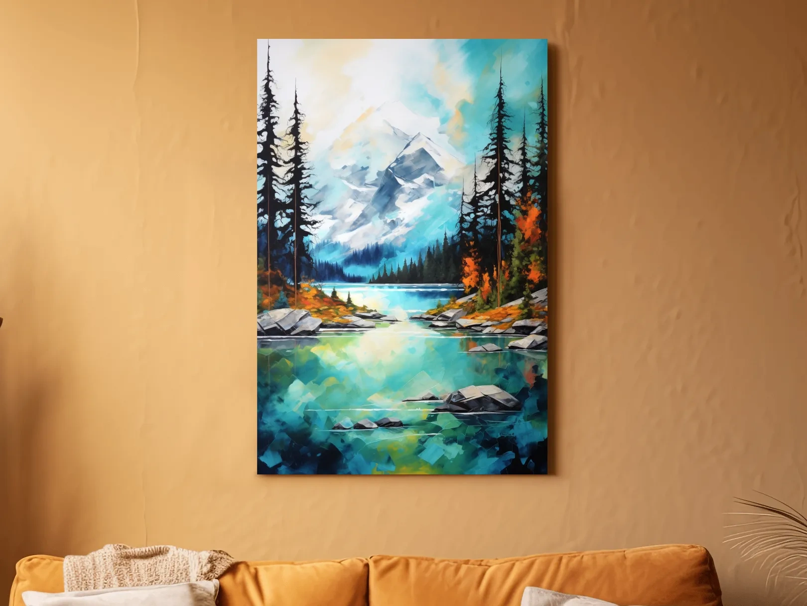 Turquoise Alpine Lake Mountain Painting - Colorful Watercolor Forest Wall Art