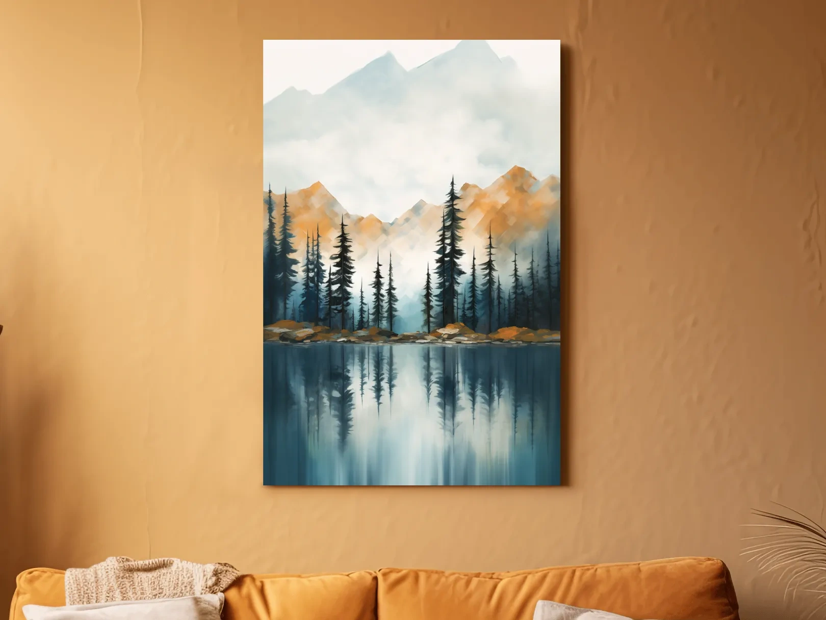 Misty Watercolor Mountain Lake Reflection - Serene Pine Forest Landscape Wall Art